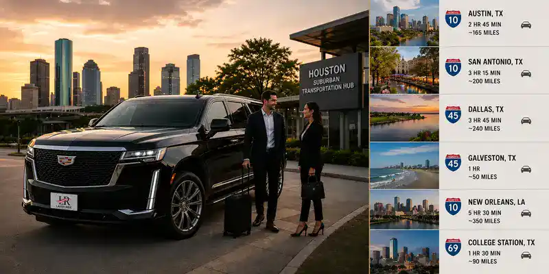 Luxury Cadillac Escalade with LR logo plate representing long-distance regional transportation from Houston to major Texas and Southern destinations.